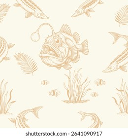 An intricate vector pattern featuring a captivating anglerfish surrounded by diverse marine life, including graceful sturgeons, delicate clownfish, 