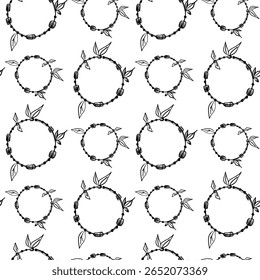 Padrão vetorial intrincado com desenhos circulares com folhas e contas em um layout sem costura