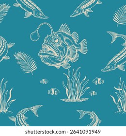 An intricate vector pattern featuring a menacing anglerfish, graceful sturgeons, tropical clownfish, and various underwater botanicals,