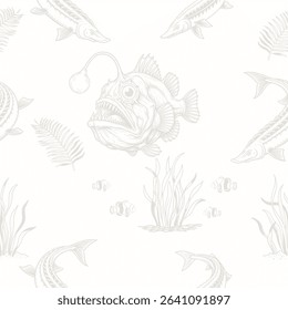 An intricate vector pattern showcasing anglerfish, sturgeons, and marine flora, evoking the mysterious beauty of the ocean's depths.