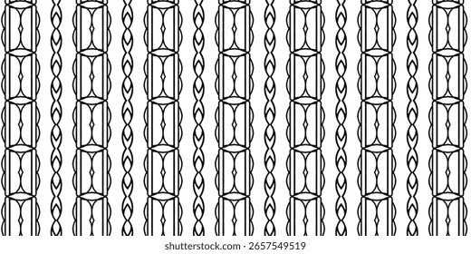 Intricate vertical abstract pattern with symmetrical curves and tribal elegance. Clean black-and-white design ideal for textiles and digital art. Golden words: vertical, abstract, pattern, clean, text