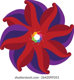 An intricate and vibrant abstract floral mandala design featuring layers of red and purple petal-like shapes radiating from a colorful center, ideal for decorative art,