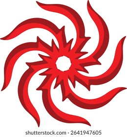 An intricate and vibrant abstract symmetrical circular design featuring interlocking red petal-like shapes with gradient shading, creating a dynamic starburst floral pattern, 