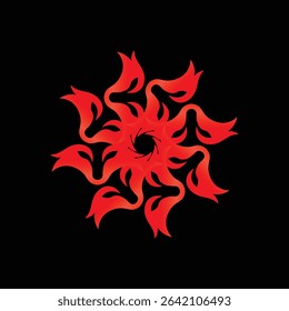 An intricate and vibrant abstract symmetrical circular design featuring swirling red flame-like petals with gradients, creating a dynamic fiery pattern on a black background