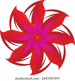 An intricate and vibrant abstract symmetrical design featuring interlocking red and magenta petal-like shapes with gradient shading