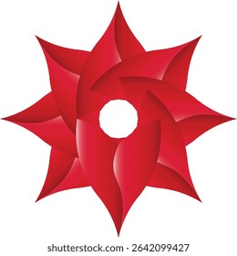 An intricate and vibrant abstract symmetrical design featuring interlocking red petal-like shapes with gradient shading, creating a dynamic star or floral swirl pattern, 