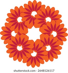 Um design circular intrincado e vibrante composto por múltiplas sobreposições de padrões de flor laranja e magenta, 