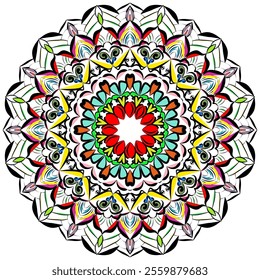 Intricate and vibrant mandala art featuring detailed symmetrical patterns. This mesmerizing design includes floral and geometric elements with bold, colorful highlights of red, green, yellow