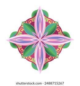 An intricate and vibrant mandala featuring a star pattern with interwoven pink, purple, and green petals. Surrounded by green leaves and red-yellow motifs, ideal for backgrounds, wallpapers, and decor