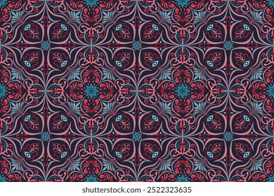 An intricate, vibrant pattern combining rich shades of red and blue with floral motifs, perfect for textiles, wallpapers, and design projects. Ideal for anyone seeking bold, dynamic visuals