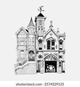 Intricate Victorian house illustration with Gothic details. Features a tower, ornate windows, and a weather vane. Victorian architecture, Gothic style, detailed drawing. Vintage art vector element.