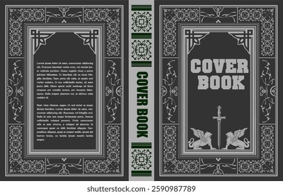 Intricate vintage book cover design with winged griffins flanking a sword  perfect for fantasy or historical novels