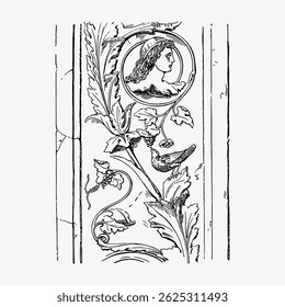 Intricate vintage engraving of a classical profile surrounded by ornate floral patterns. Detailed floral design and classical profile art in black and white. Decorative ornament vector.