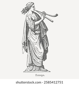 Intricate vintage engraving of Euterpe, the Greek Muse of music, playing the flute. Ideal for classical art, history lovers, and mythology-themed projects.