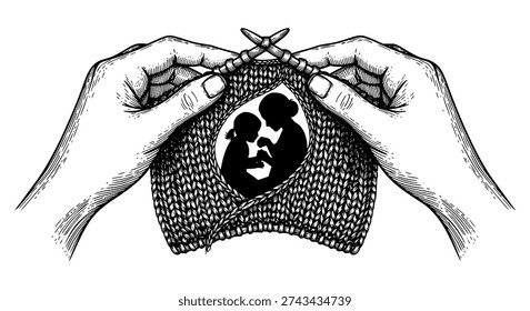 An intricate vintage engraving of hands using needles to knit a fabric. Inside the knitted work, a silhouette of a mother and daughter is revealed. This artwork symbolizes the patient and loving work of a mother in weaving her child's future and life bond. Perfect for artisanal branding and holiday cards.