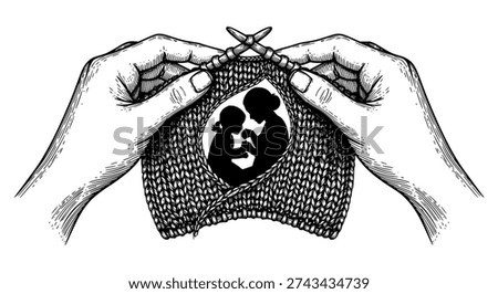 An intricate vintage engraving of hands using needles to knit a fabric. Inside the knitted work, a silhouette of a mother and daughter is revealed. This artwork symbolizes the patient and loving work of a mother in weaving her child's future and life bond. Perfect for artisanal branding and holiday cards.