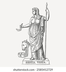 Intricate vintage engraving of Hestia (Vesta), Greek-Roman goddess of the hearth, holding a lamp. Ideal for historical and mythological designs.