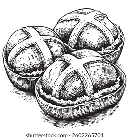 Intricate vintage engraving of hot cross buns with Easter elements