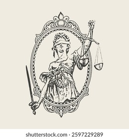 An intricate vintage engraving of Lady Justice holding a sword and scales, blindfolded, symbolizing law, fairness, and balance.