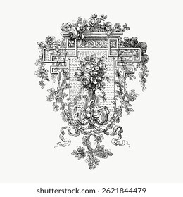 Intricate vintage floral crest design with ornate details. Floral elements and ornate patterns create a vintage feel. Elegant floral and ornate crest illustration. Vintage illustration vector.