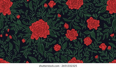 Intricate vintage floral pattern featuring red roses and greenery on dark background