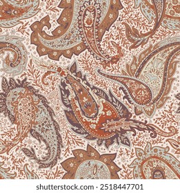 Intricate vintage paisley pattern with floral elements in warm shades. This seamless vector illustration is ideal for textiles, wallpaper, and packaging designs.