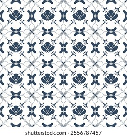 Intricate Vintage Style Seamless Pattern with Symmetrical Floral and Geometric Motifs in Blue and White, Suitable for Tiles, Prints, and Home Decor