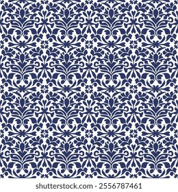 Intricate Vintage Style Seamless Pattern with Symmetrical Floral and Geometric Motifs in Blue and White, Suitable for Tiles, Prints, and Home Decor