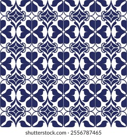 Intricate Vintage Style Seamless Pattern with Symmetrical Floral and Geometric Motifs in Blue and White, Suitable for Tiles, Prints, and Home Decor