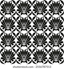 Intricate Vintage Style Seamless Pattern with Symmetrical Floral and Geometric Motifs in Blue and White, Suitable for Tiles, Prints, and Home Decor