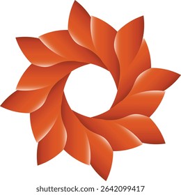 An intricate and warm abstract circular design featuring interlocking orange petal-like shapes with gradient shading, creating a dynamic swirling pattern,