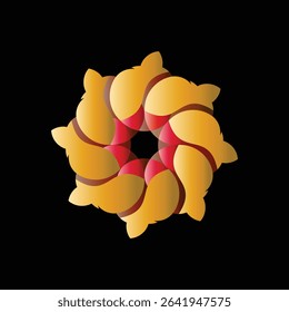 An intricate and warm abstract symmetrical circular design featuring interlocking orange and yellow curved shapes with gradient shading, 