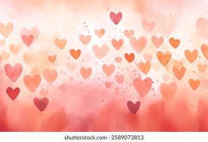 Intricate watercolor backdrop filled with vibrant hearts in various shades, evoking feelings of love and joy, perfect for greeting cards or celebration invitations