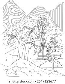 Desenho de contorno de paisagem intrincado e fantástico para coloração. Cena de montanha preta e branca detalhada com moinho de vento, palmeiras e pinheiro, perfeito para adultos e crianças atividade de relaxamento criativo.