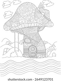 Ilustração de Cogumelo Caprichoso para livros de colorir adultos, com padrões de Zentangle, estrelas, balanços e elementos da natureza � Um projeto de arte de linha detalhado para o relaxamento e criatividade