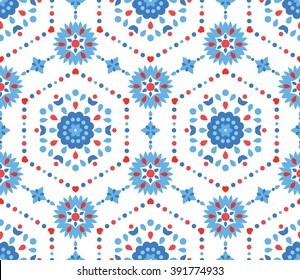 Intricate white blue red floral seamless pattern with cornflower. Cute ornament of flowers, hearts and dots. Hippie boho chic. Decorative ethnic wallpaper, fabric print, furniture. Vector background.