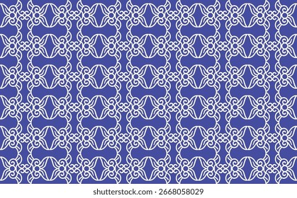 Patrón de filigrana blanco intrincado sobre un fondo azul profundo, creando un diseño ornamental simétrico y elegante.