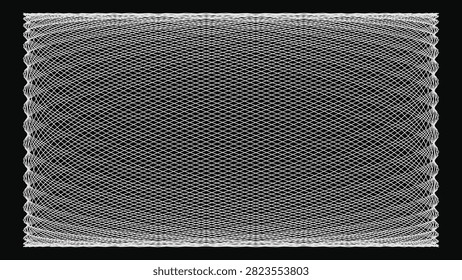 Intricate white interwoven lines forming a symmetrical geometric pattern on black, abstract optical art, digital creation, decorative frame.