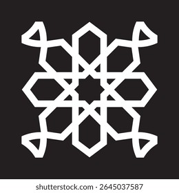Intricate white Islamic geometric ornament with interlocking shapes and central star pattern. Perfect for decorative design, Islamic art, cultural backgrounds, and traditional themes.