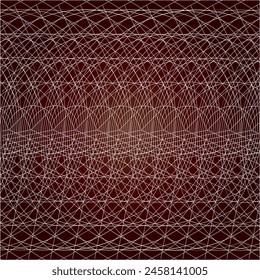 Intricate white lines on a dark red background with abstract shapes.