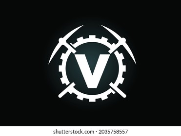 Alfabeto de la letra del monograma V inicial con el pickaxe y la señal del engranaje. Concepto de diseño del logotipo de minería. Logo vectorial moderno para el negocio minero y la identidad de la empresa.