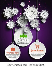 Intricate white paper snowflakes, a Merry Christmas message, and two circular ornaments with space for custom text on a dark purple background. Ideal for holiday greetings, festive invitations