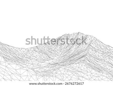 Intricate wireframe mountain terrain composed of geometric lines and shapes, forming a detailed black and white drawing on a clean white background.