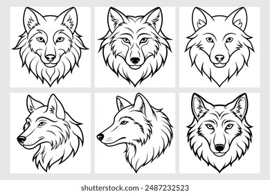 Intricate Wolf Head Line Art Vector Illustration Bundle - Perfect for Logos, Tattoos, and More