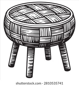 Intricate woven stool with three curved legs
