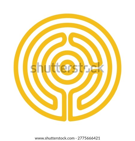 Intricate yellow circular labyrinth or maze icon, symbolizing complex challenges, problem-solving, and the journey of life.