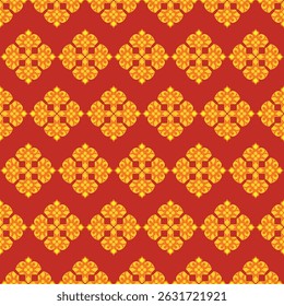 Intricate Yellow Floral Pattern with Symmetrical Cross Motifs on Bold Red Background