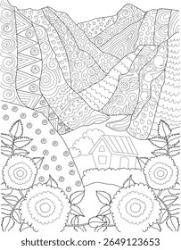 Intrincado Zen Montanhas Paisagem com Casa e Flores colorir Página. Desenhado à mão Anti-Stress Preto e Branco Doodle Art para adultos e crianças. Perfeito para relaxamento consciente e expressão criativa.