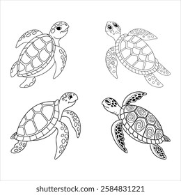 Intricate Zen tangle Sea Turtle Illustrations – Black and White Decorative Art