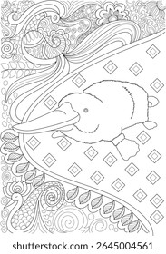 Intricate zentangle coloring page featuring a sleepy stylized animal on a patterned background with decorative floral and abstract elements for creative relaxation.